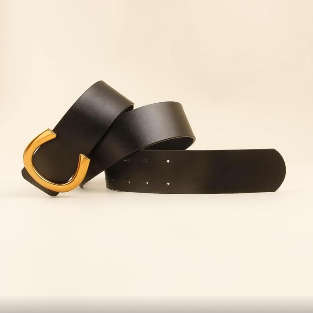 Elegant Vegan Leather Black and Gold  Wide Women's Minimalist Belt - Picture 5 of 9